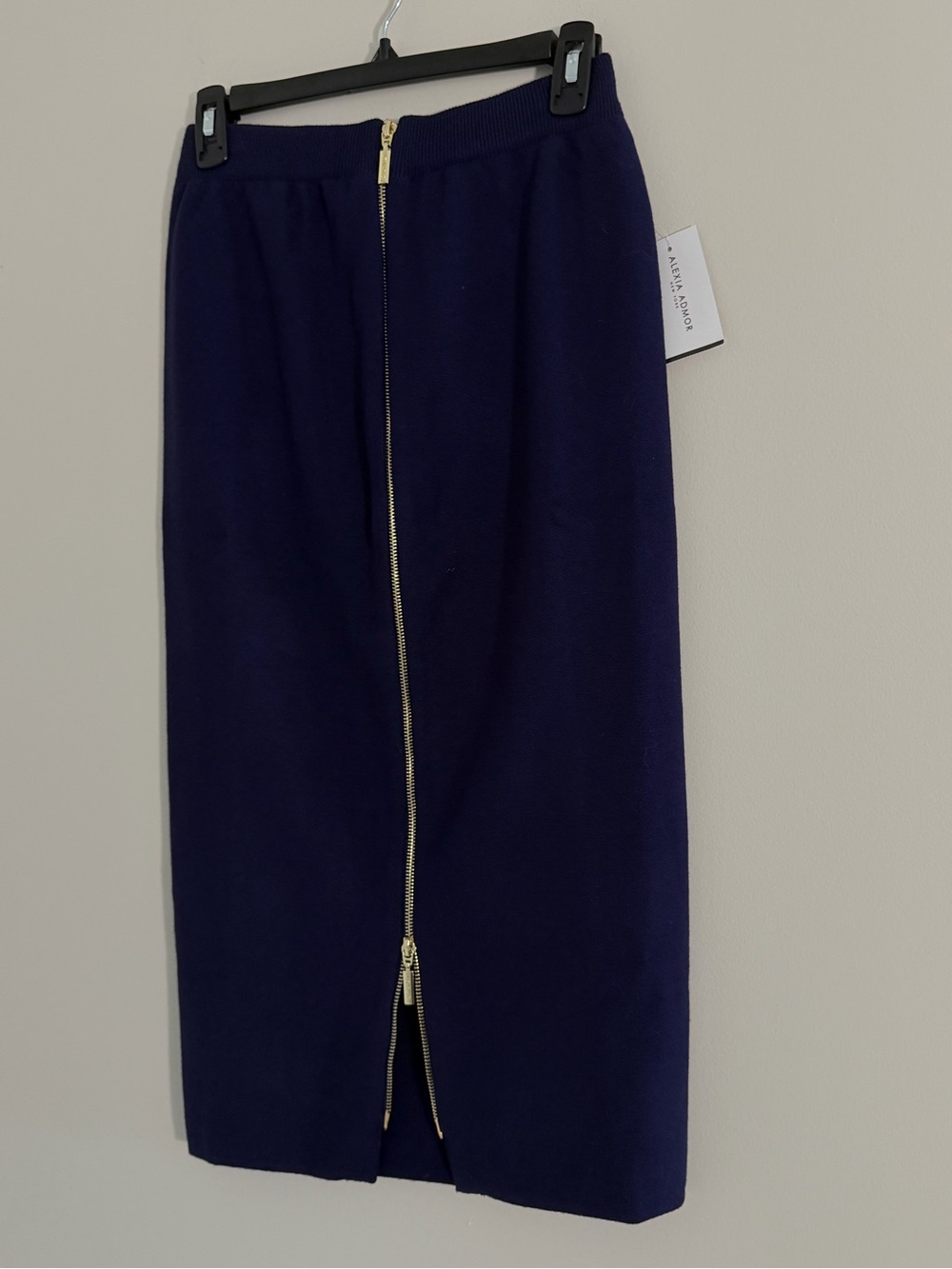 NWT Alexia Admor Navy Knit MIDI Pencil Skirt M Gold Double Zip Modern MSRP $200 - Picture 10 of 14